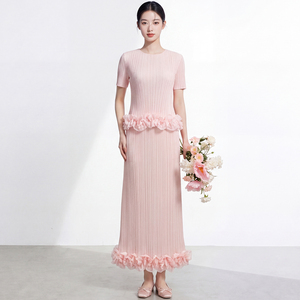 Women's Sleeveless Pleated Long <b>Dress</b> Suit With <b>Ruffles</b> Crew Neck Short Sleeve Elegant Spring Summer Full Length Regular Fit - Product Image 1