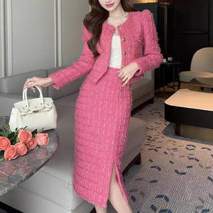 Zyht 74070 महिला दो-टुकड़ा सूट सर्दियों के वसंत शरद ऋतु ब्लेज़र मिडी स्कर्ट सादे रंग से बुना हुआ हुआ हुआ हुआ - Product Image 2