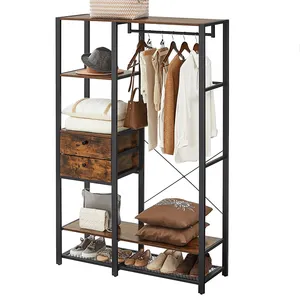 Industrial Closet Organizer with Storage Shelves Free Standing Clothes Rack 2 Drawers Garment Rack Living Room Furniture