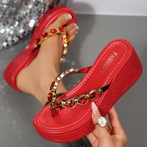 <span class=keywords><strong>Sandali</strong></span> con Zeppa in PU Traspirante con Cristalli, Versatili ed Eleganti, Ciabatte con Tacco a Piattaforma Marrone Testurizzato, Comode e Facili da Indossare - Product Image 1