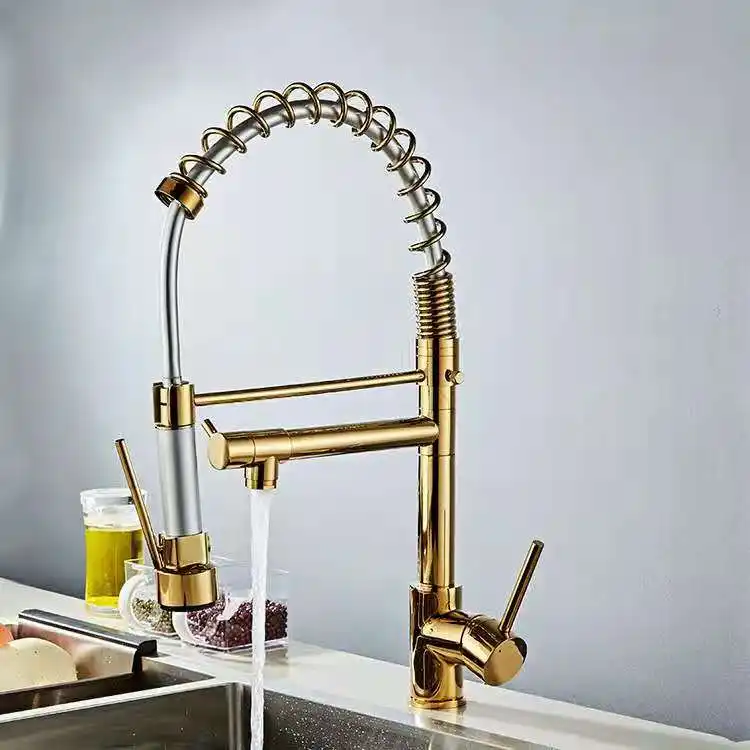 Commercial Brass 3 Way Pre Rinse Gold Spring Kitchen Sink Faucet mit Pull Out Sprayer Hot Cold Mixer Flexible Water Tap