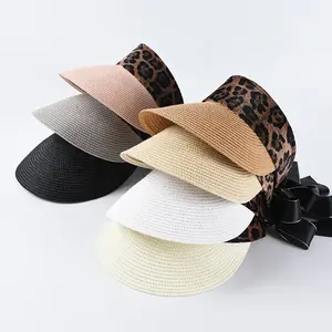 Leopard Bow Anti UV Paper Straw Visor Cap Hat For Women Summer Beach Outdoor Casual Travelling Dress