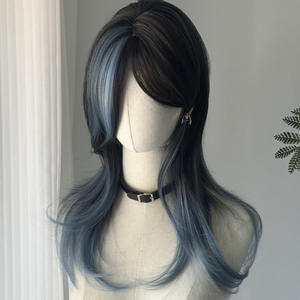 [Cola de lobo azul y negra] Familia de Xiao Chi. La <span class=keywords><strong>peluca</strong></span> está dividida en reflejos degradados negros y azules, con una longitud media - Product Image 1