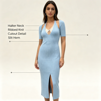 Robe en maille côtelée bleue fendue à manches courtes pour femme, qualité supérieure, sur mesure OEM & ODM, vente en gros - Ashley Madi