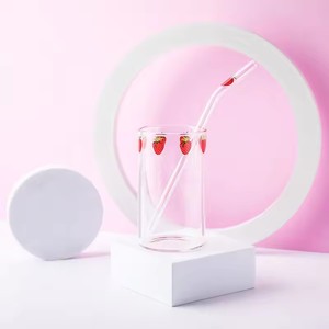 Ins Nana Strawberry <b>Glasses</b> Heat Resistant Coffee Milk Water Cups With Straws Clear Cute Juice Smoothie Cold <b>Drinks</b> Straw Cup - Product Image 3
