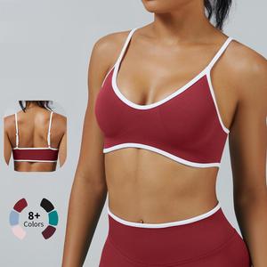 Reggiseni sportivi da allenamento a blocchi di colore per donne senza soluzione di continuità a cucchiaio <span class=keywords><strong>reggiseno</strong></span> Yoga con contrasto con cinturino aperto sul retro <span class=keywords><strong>reggiseno</strong></span> da palestra ad impatto leggero per Yoga Crop Top - Product Image 1