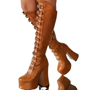 Stivali Estivi al Ginocchio con Cut-Out, Fibbie, Plateau e Tacco Grosso, Scarpe con Cerniera Laterale, Stivaletti Lunghi <span class=keywords><strong>Viola</strong></span>, Altezza 15cm - Product Image 2