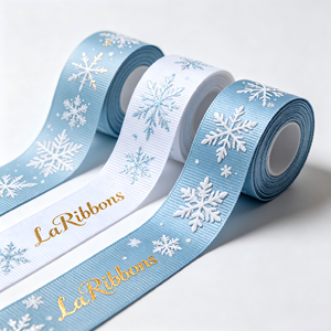 Cinta de Grosgrain Personalizada con Patrón de Copos de Nieve Dorados, Cinta de Poliéster para Envolver Regalos Navideños, Rollo al por Mayor - Product Image 2