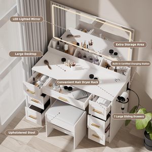 Tocador de Maquillaje con Espejo LED, 3 Opciones de Iluminación de Color, Enchufe de Carga Integrado, 7 Cajones de Gran Capacidad - Product Image 5