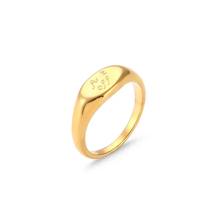 Retro Style Minimalist 18K Gold Plated Titanium Steel Engraved Oval Round Heart FK off Signet Rings