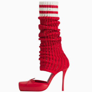 Diamonds Knitting Upper Summer High Heels Shoes Front Bow Square Toe Knee High <b>Boots</b> Pleated Stretchy Cut Out Socks Sandals - Product Image 4