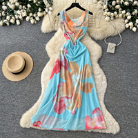 Robes maxi sans manches à imprimé floral pour femmes, col bénitier, taille cintrée, robe élégante pour les vacances, robe de plage d'été