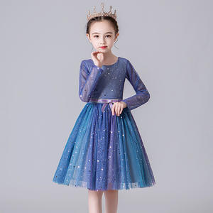 Elegante Vestido Formal de Manga Larga con Tul Azul y Pequeñas Flores para Niña, Ideal para Bodas y Fiestas - Product Image 1