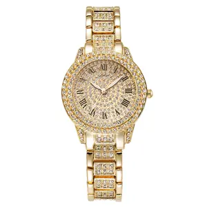 Grosir gelang lapis emas Set jam tangan kuarsa berlian imitasi kustom berlian gelang desain jam tangan untuk hadiah wanita