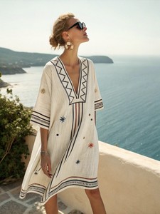 Abito Kaftano da Donna in <span class=keywords><strong>Misto</strong></span> <span class=keywords><strong>Lino</strong></span>, Stampa Geometrica Boho con Maniche a Pipistrello e Scollo a V, Copricostume da Spiaggia, Tunica Casual Ampia - Product Image 2