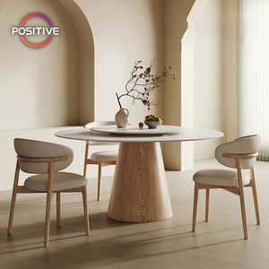 Mesa de comedor de madera maciza de estilo crema, piedra sinterizada redonda, minimalismo moderno, sala de estar, hogar, mesa de comedor, - Product Image 1