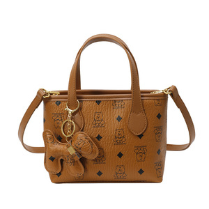 Retro Bear Pattern Polyester Bucket Crossbody Handbag Women Handheld Zipper <b>Bag</b> With Keychain Charm - Product Image 1