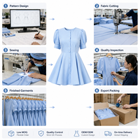 Fabrication de vêtements OEM, robe pour femmes, bleu clair, manches bouffantes, boutons sur le devant, taille cintrée, robe de soirée style A