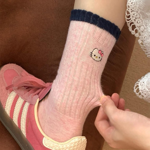 Crew <b>Socks</b> Black White Gray Pink Anime Cartoon KT <b>Cat</b> Design Women Youth Breathable Sweat-Absorbing Mid-Calf <b>Socks</b> - Product Image 2