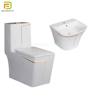 Set toilet kamar mandi, set toilet kamar mandi satu bagian, wastafel gantung dinding desain garis emas putih mewah