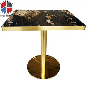 Luxe Vierkante Zwarte Goud Graniet Eettafel Voor Hotel Golden Trim Golden Rvs Base