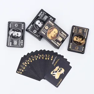 Design exclusivo personalizado Dólar EUA Padrão Jogando Cartas Impressão De Fábrica Durável Preto Plástico Pvc Impermeável Jogando Cartas