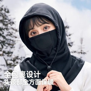 Masque facial coupe-vent d'hiver pour l'extérieur, cagoule, cache-cou, écharpe chaude et épaisse, couleur unie noire, protection pour le cyclisme en automne - Product Image 2