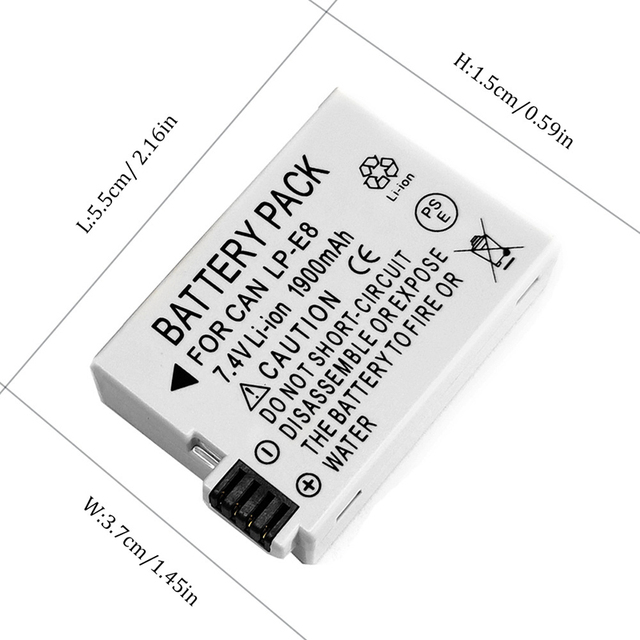 LP-E8 Rechargeable 1900mAh Lithium-ion Camera Battery for 550D 600D 650D 700D Rebel T2i EOS Kiss X4 X5 X6i X7 in Stock