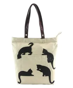 Bolsa de sacola ecológica para cachorros, bolsa de sacola estampada com alça de couro, estampada, preta e de algodão