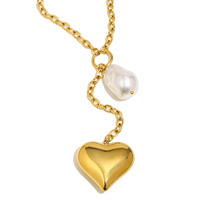 Collier étanche en acier inoxydable plaqué or 18 carats avec chaîne en Y, pendentif cœur à pompon et perle baroque, bijoux pour femme