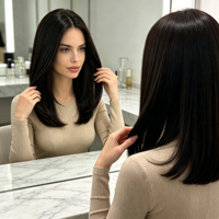 Perruque lisse et bouclée couleur thé noir, fabriquée avec des fibres lisses anti-frisottis, idéale pour le coiffage quotidien.