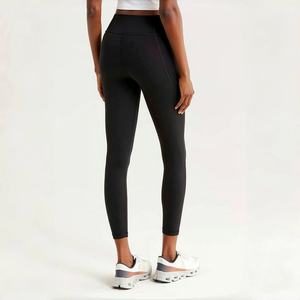 Women's High Waist Yoga <b>Leggings</b> Solid Color Knit Fitness Sport Workout Pants with Custom Logo <b>Pocket</b> - Product Image 2