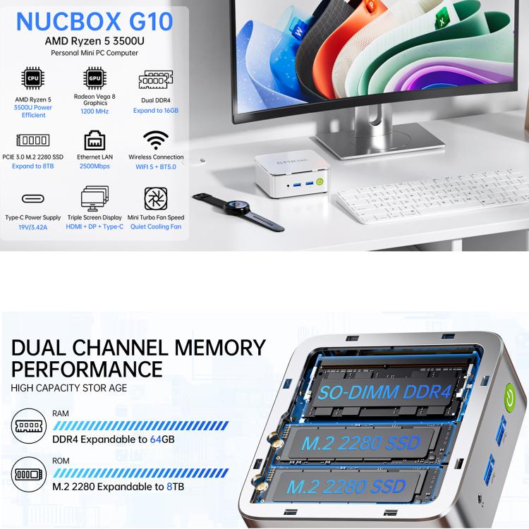 GMKtec NucBox G10 Mini PC, 16GB RAM + 512GB SSD, AMD Ryzen 5 3500U