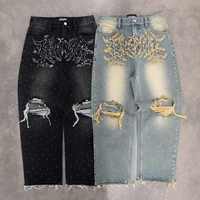 Jeans en denim délavé mi-acide personnalisés pour hommes, style vintage, déchirés, streetwear, hip-hop, broderie, strass, style rétro