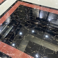 Carrelage de Sol en Porcelaine Poli Émaillé Noir et Or Effet Marbre Design Floral 600x600