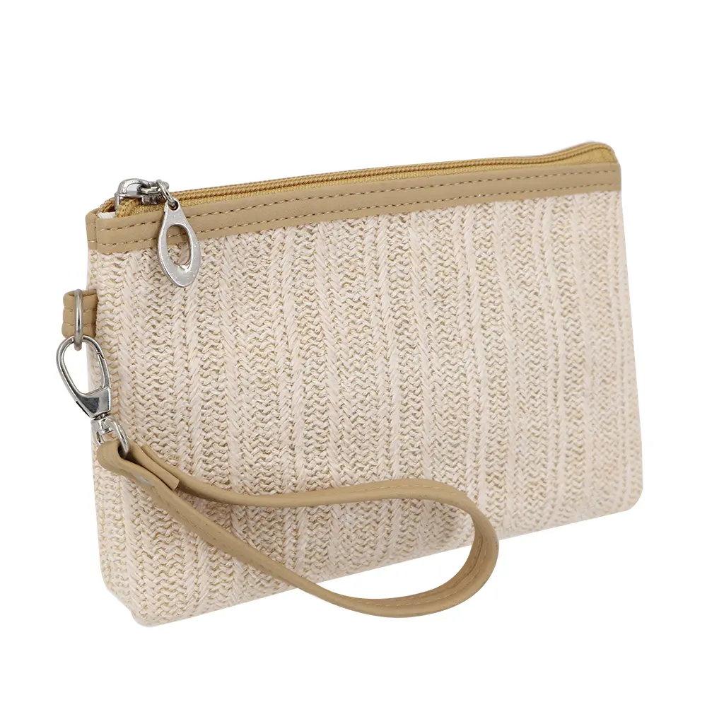 PP Straw Zipper Pouch Clutch Bag with Wrist Strap Bohemian Summer Beach Straw Wristlet Mobile Phone Handbag for Women Girl