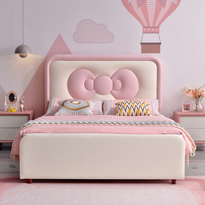 Lit d'enfant rose mignon en forme de nœud, mobilier de <span class=keywords><strong>chambre</strong></span> moderne, lit de princesse en cuir souple pour filles, ensemble de lit d'enfant de haute qualité - Product Image 1