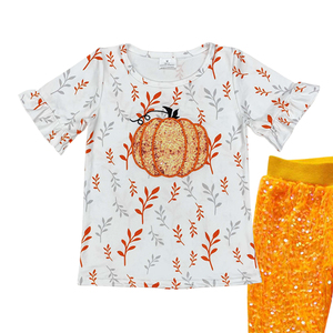 ชุดเสื้อผ้าสำหรับเด็กวัยหัดเดินเสื้อปักลายฟักทองปักเลื่อมเสื้อและแขนสั้นสำหรับเด็กผู้หญิงตัวเล็ก - Product Image 2