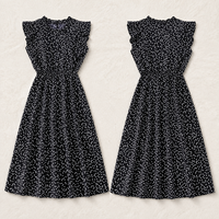 Robe Midi Femme Noire Imprimée Volants Épaules Taille Élastique Ligne A Été Casual OEM ODM Grossiste Usine Custom B2B Mode Femme