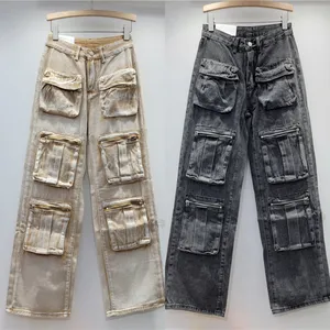 2024 verano nueva moda caqui múltiples bolsillos Cargo pierna recta Cool Denim Pantalones