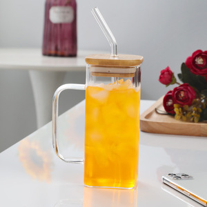Offre Spéciale tasses à eau en verre borosilicaté de forme carrée pour café et thé au lait avec couvercle et <span class=keywords><strong>paille</strong></span> - Product Image 5