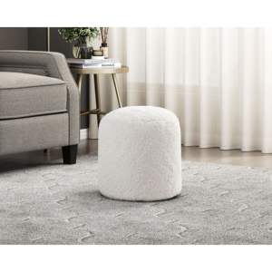 Pouf ottoman rond moderne en fausse fourrure Db, blanc cassé, pièce unique, repose-pieds pour salon - Product Image 5