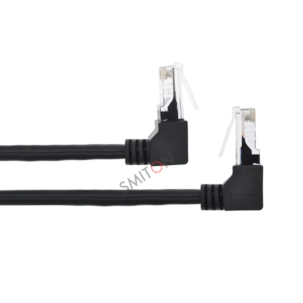 Kabel Ethernet RJ45 sudut kanan warna hitam, kabel Lan Cat5e bentuk L 90 derajat