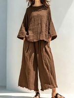 Setelan Linen Wanita Grosir 2 Potong Gaya Boho Atasan Tunik Oversize Celana Kaki Lebar Setelan Serasi Pakaian Linen Kuning Mustard Kasual Musim Panas
