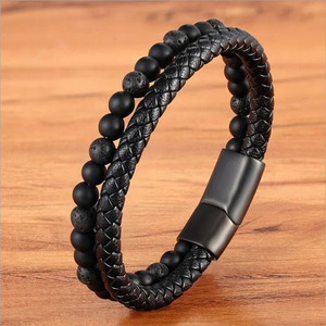 Natural Volcanic Lava Stone Leather Rope Double <b>Row</b> Charm Bracelet Rose Gold Plated Stainless Steel Magnetic Beads Trendy <b>Gift</b> - Product Image 3