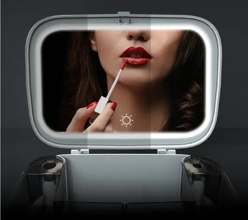 Factory Direct Sales Plastic Multifunction cosmetic storage box makeup organizer make up case with light mirror