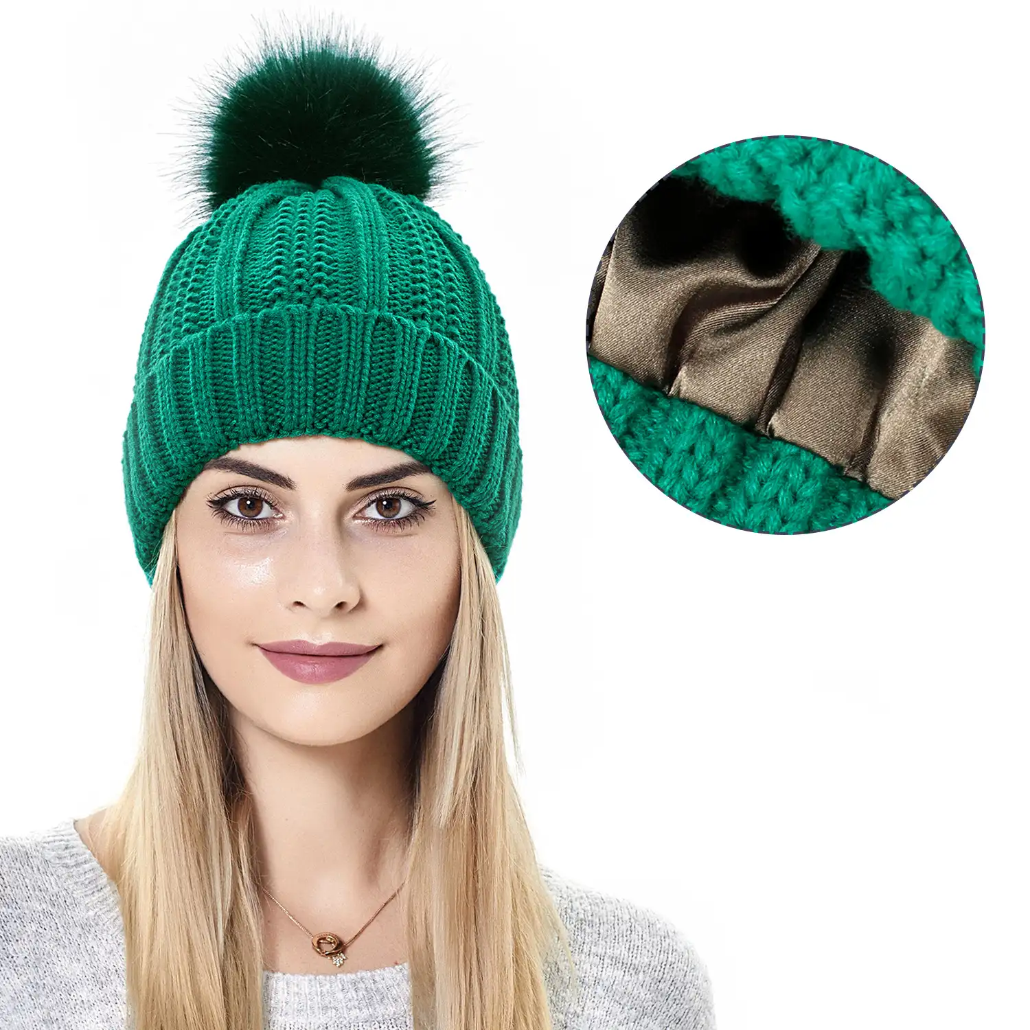 EE194 kış akrilik örme hımbıl Pom kasketleri kap saten kaplı tıknaz İpek astar ponpon örgü şapka kadın manşet örgü şapkalar