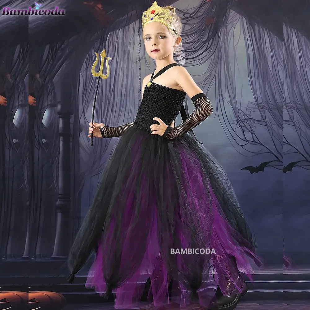 Sea Witch Ursula Cosplay para Meninas Roxo Polvo Longo Tutu Vestido para Crianças Carnaval Outfit Magic Wand Crown Trajes de Halloween