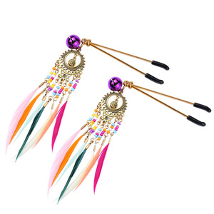 Pinces à tétons en plumes de pêcheur d'aubépine, ornements de tétons à pampilles en plumes, pinces à tétons rétro en métal, pinces à lèvres de style bohème, BDSM - Product Image 5
