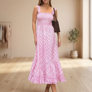 Vestido Maxi de Algodón Orgánico Ecológico Rosa para Mujer con Cuello Asimétrico |   Vestido Casual de Verano sin Mangas para Vacaciones - Product Image 1
